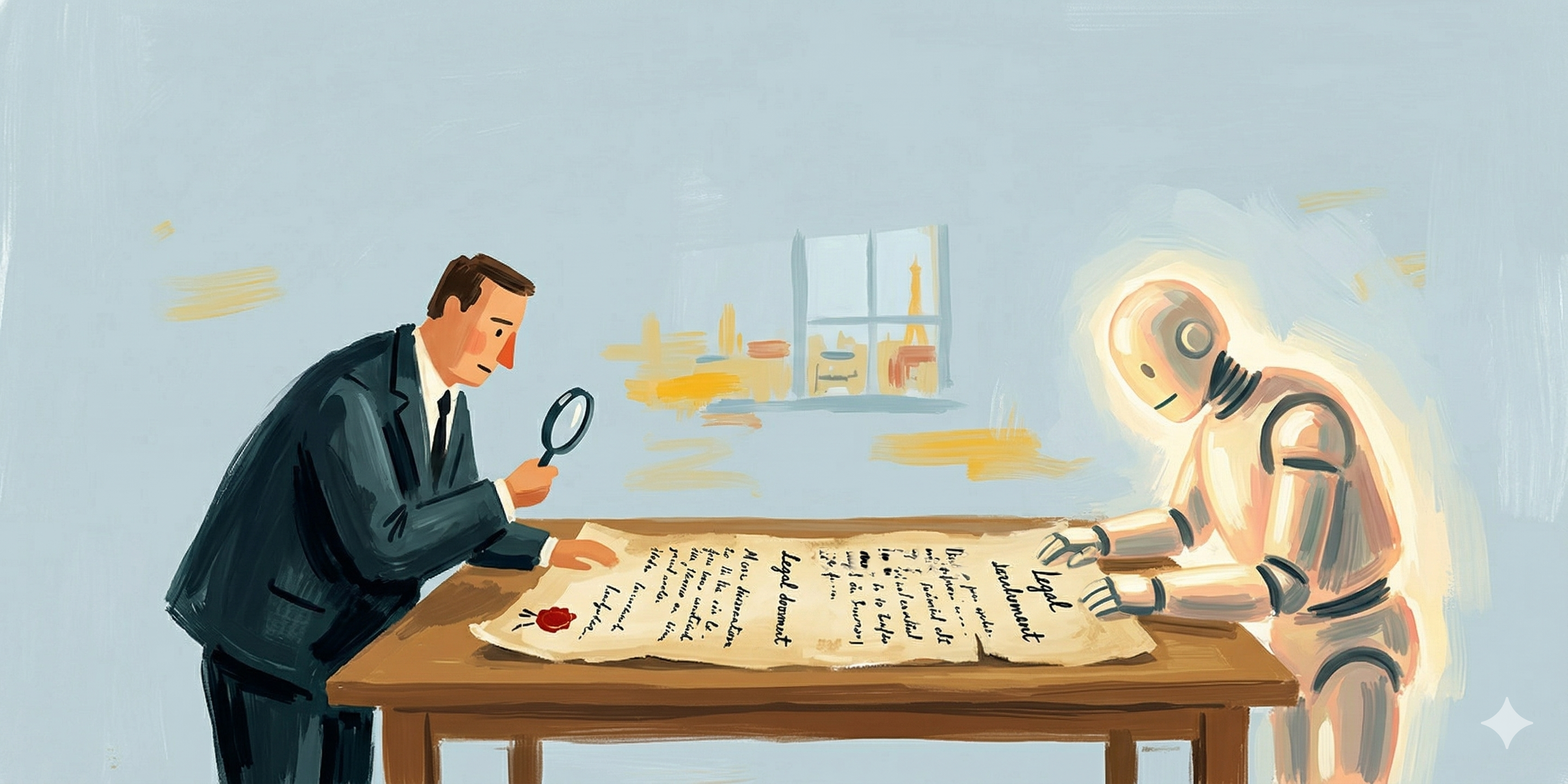 Painterly editorial illustration of a man in a business suit examining a legal contract with a magnifying glass alongside a glowing AI robot, both reviewing the document together at a wooden table