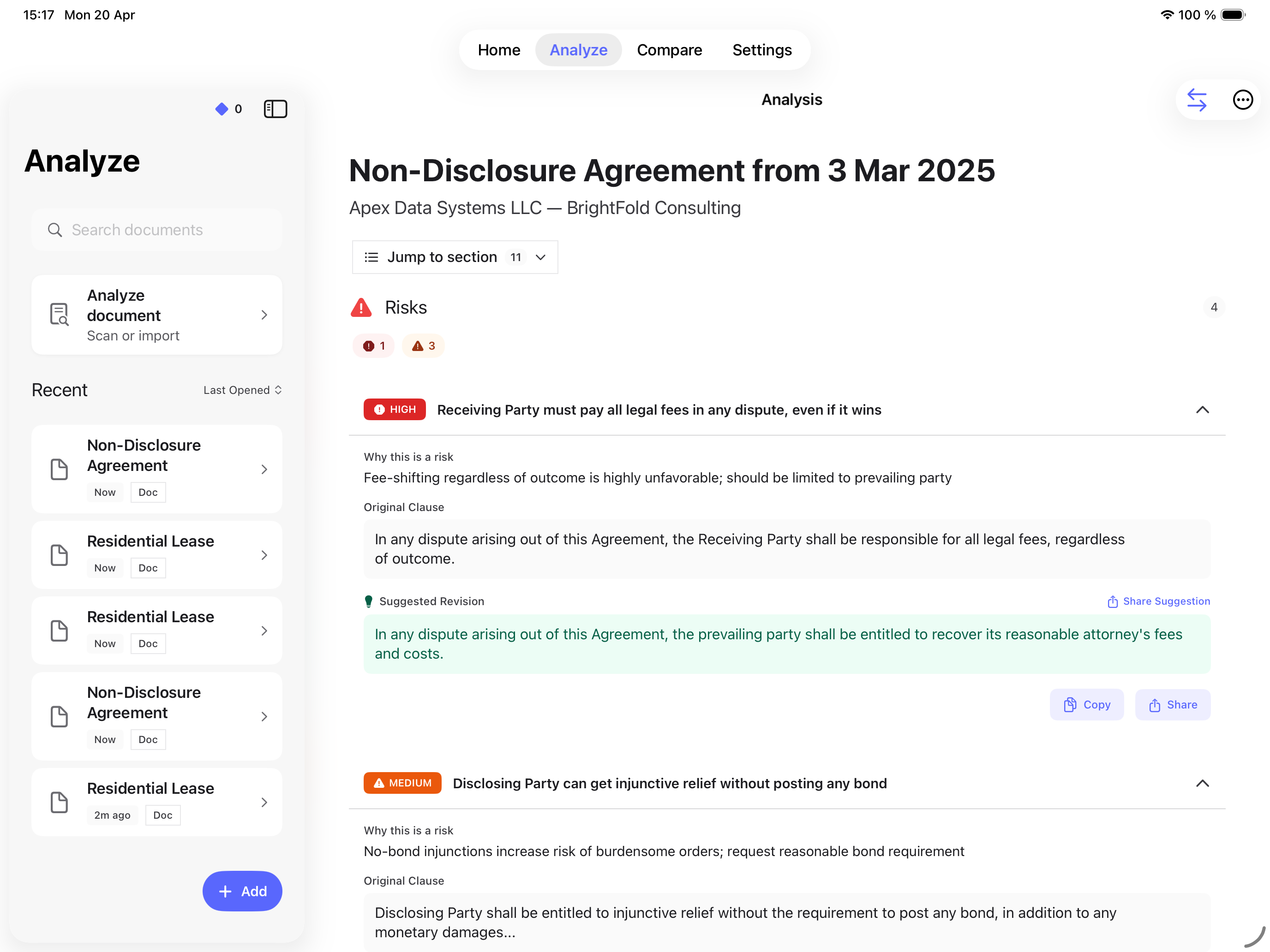 Pact AI analyzing an NDA on iPad showing risk-scored clauses to bring to an attorney consultation