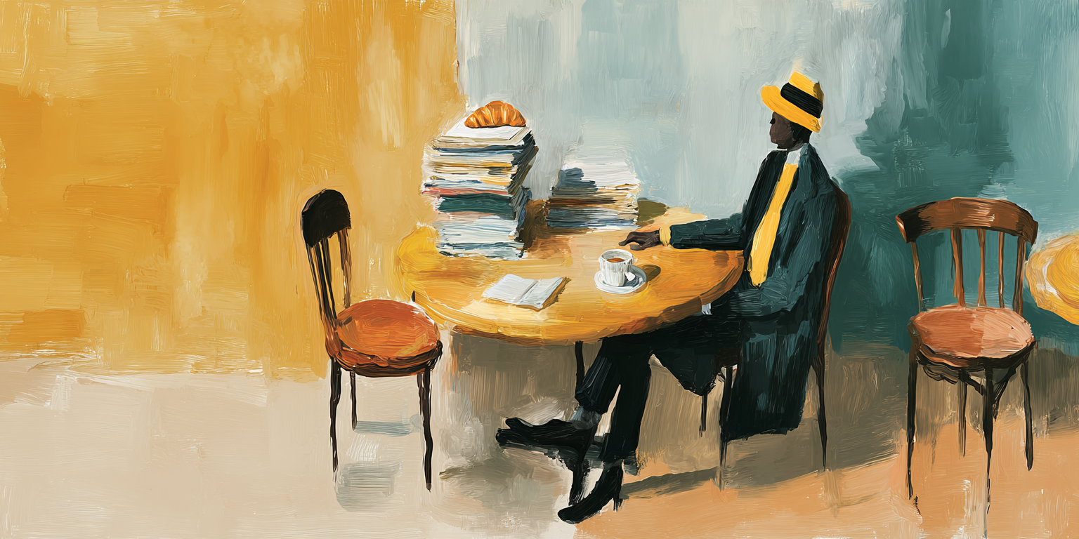 Person reviewing documents at a Parisian café table