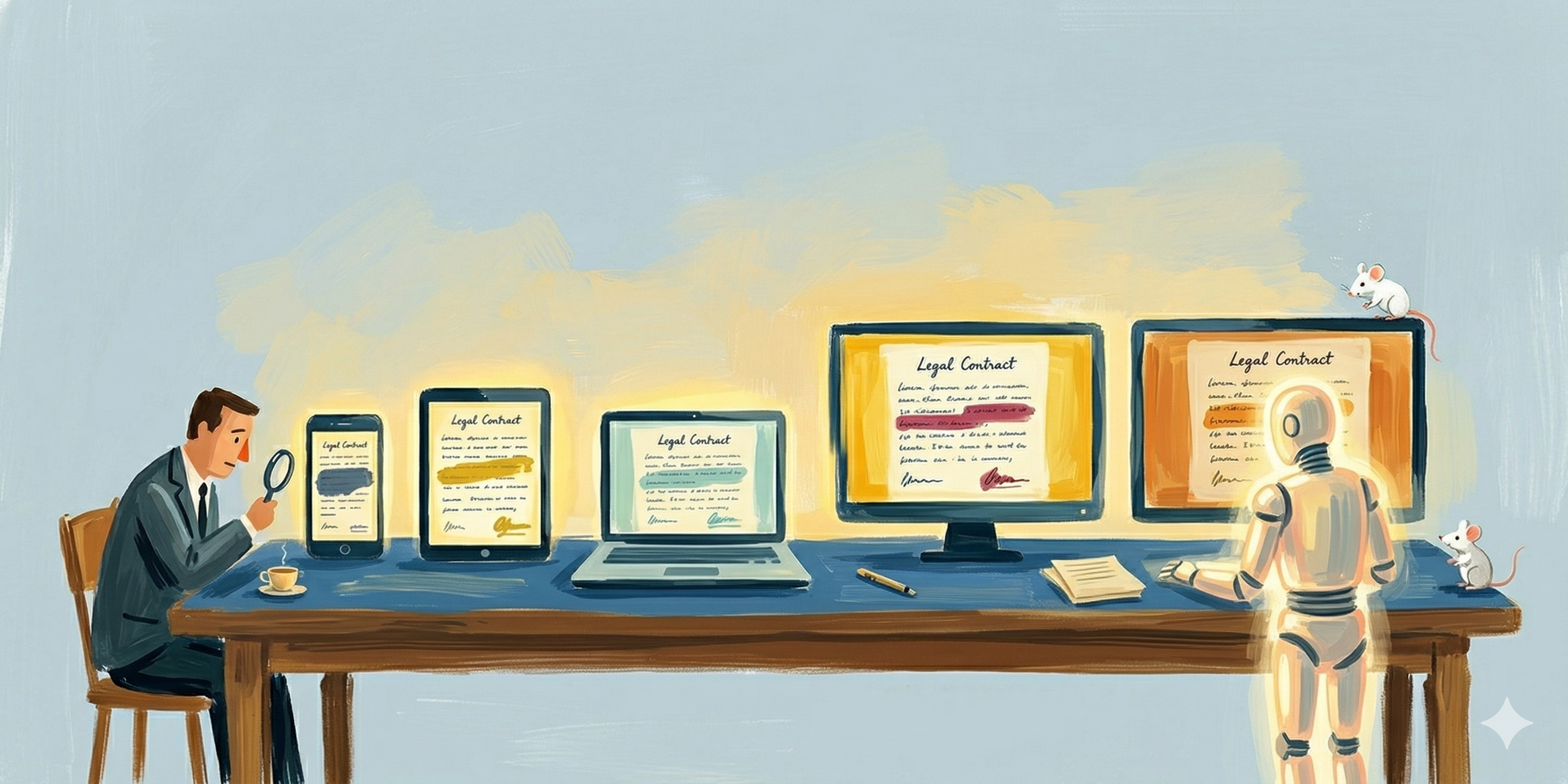 Painterly editorial illustration of a person with a magnifying glass and a small robot comparing contract documents displayed across five different screens on a long desk