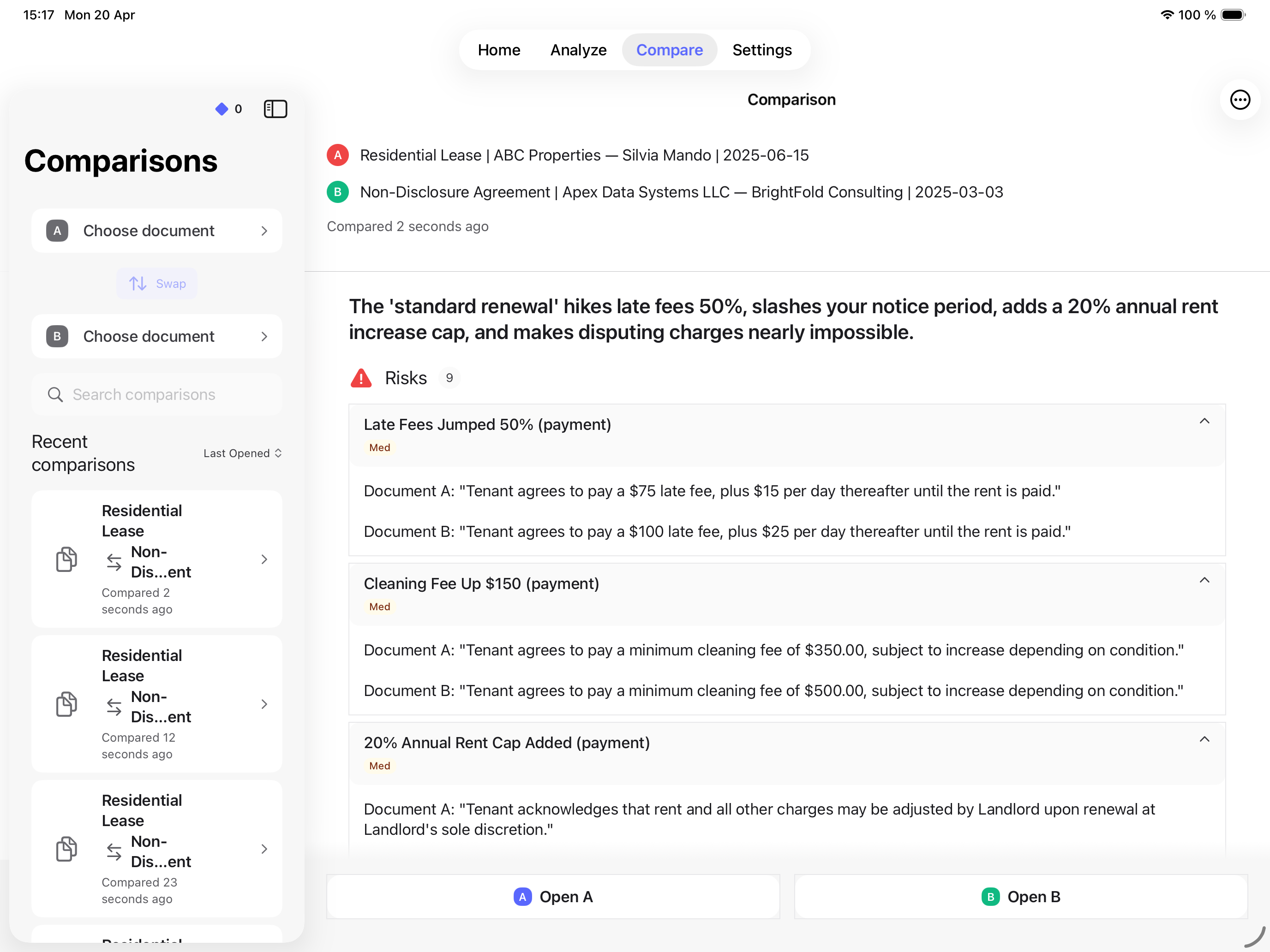 Pact AI document comparison on iPad showing a verdict summary of changes between lease versions, with 9 risks identified including late fee increases, notice period reductions, and new rent caps