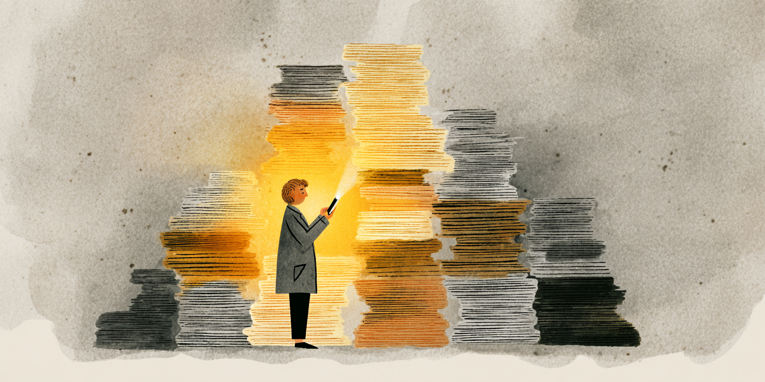 AI contract review app - person with glowing smartphone scanning through stacks of legal documents