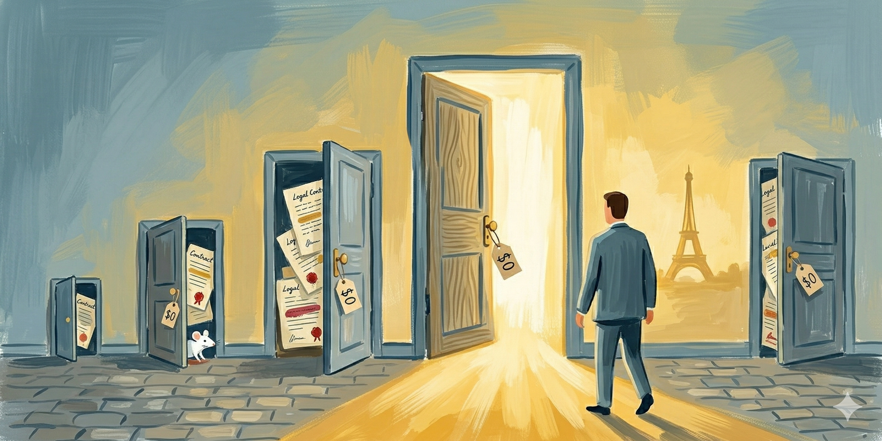 Painterly editorial illustration of a figure walking toward open doors with contract documents and $0 price tags, golden light streaming through the largest doorway