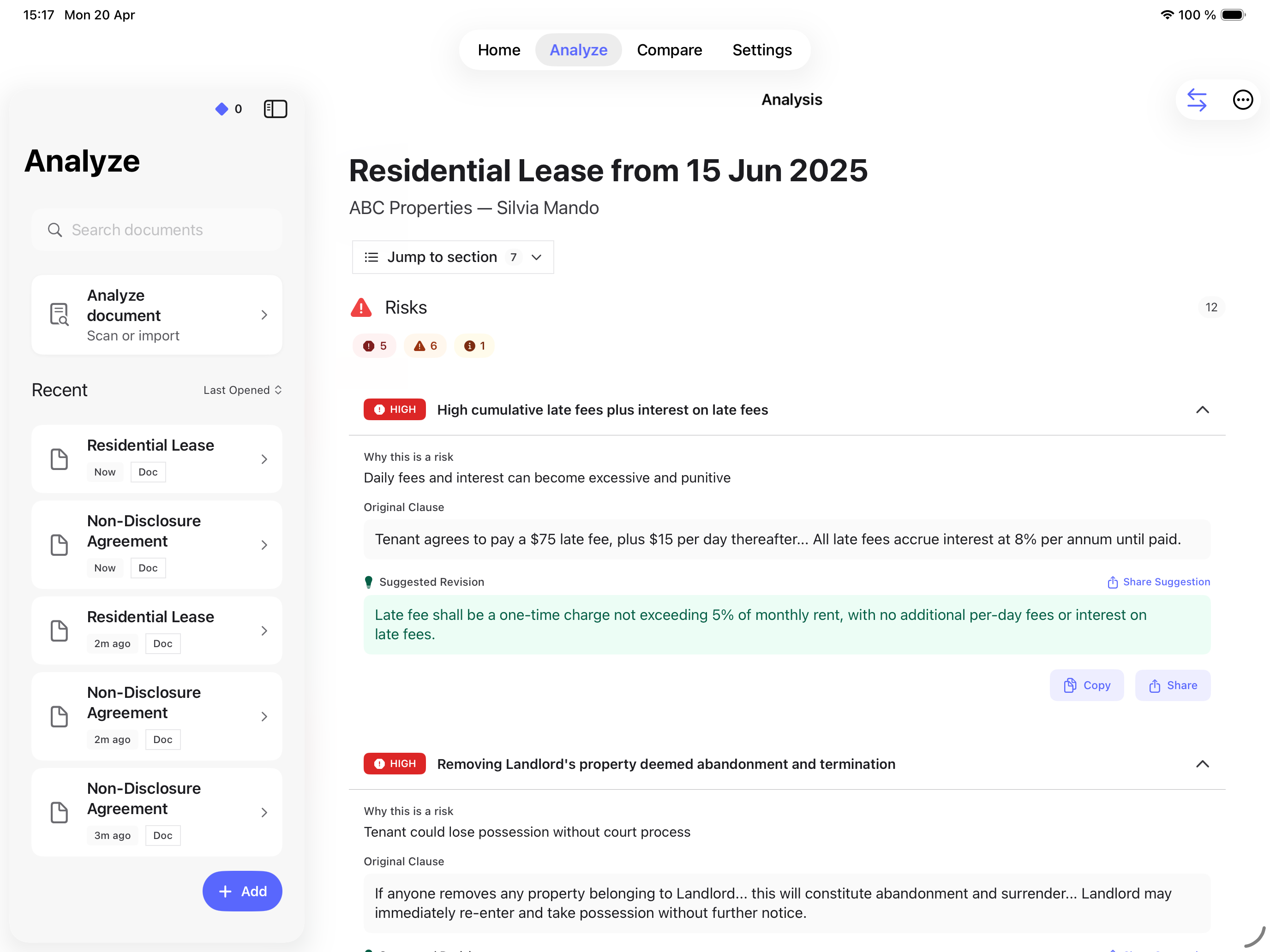 Pact AI flagging illegal lease clauses on iPad including excessive late fees and problematic landlord provisions