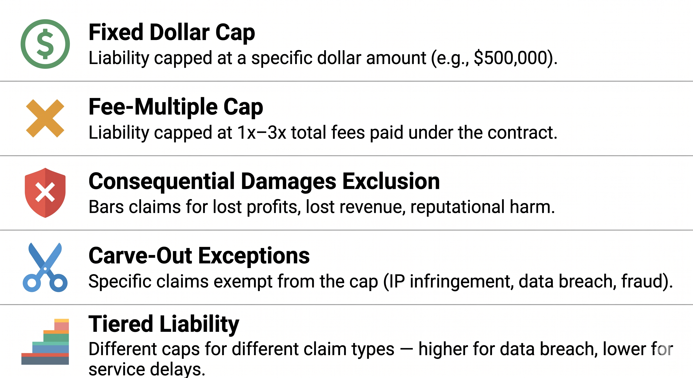 Five types of limitation of liability clauses showing fixed dollar cap, fee-multiple cap, consequential damages exclusion, carve-out exceptions, and tiered liability structures
