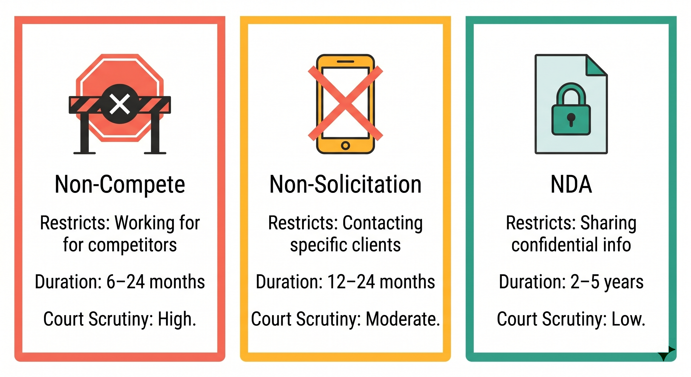 Visual comparison of non-compete, non-solicitation, and NDA restrictive covenant types showing what each restricts, typical duration, and court scrutiny level