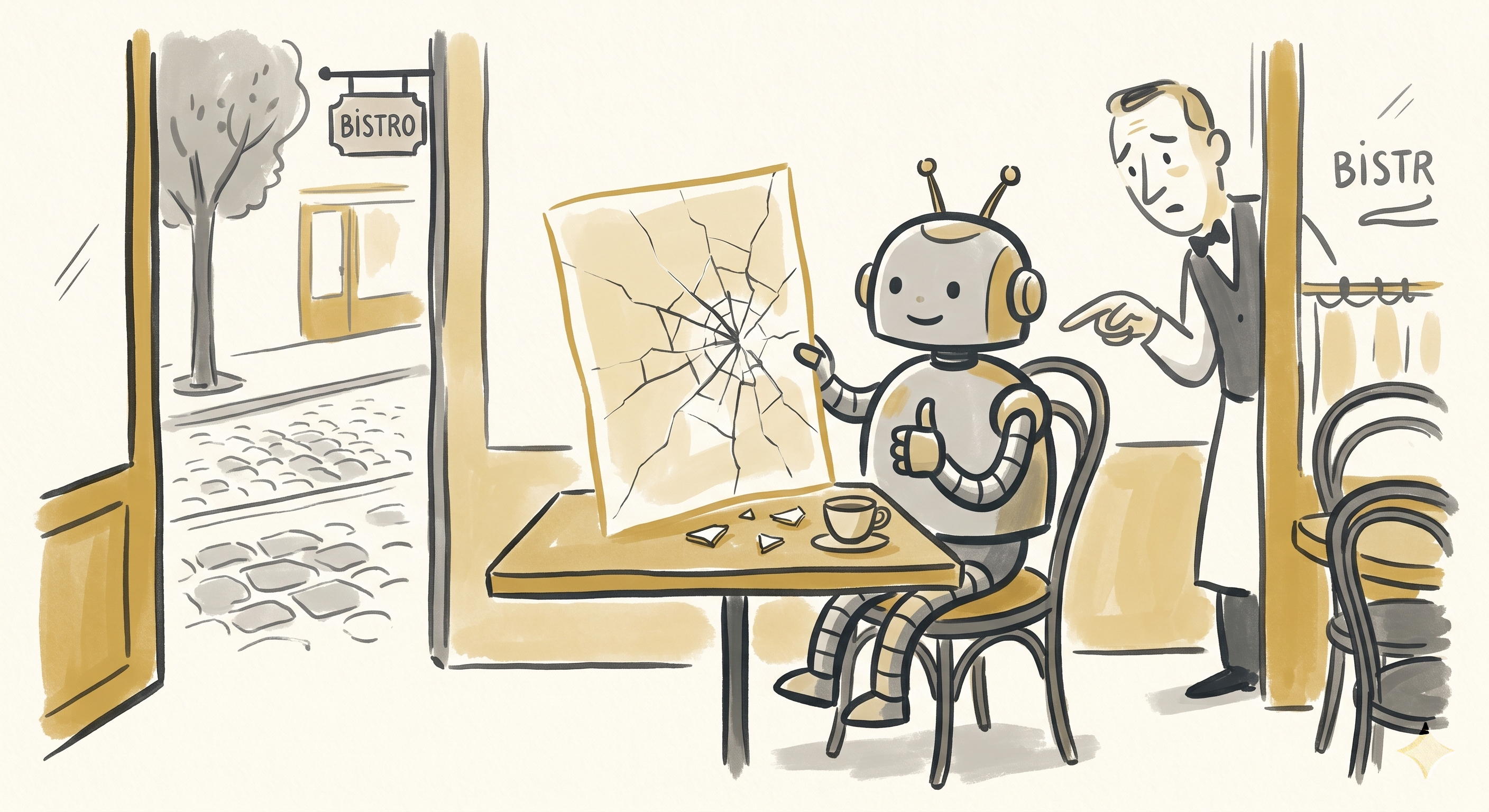 Cheerful robot at a cafe table giving thumbs up while reading a cracked document, a person in the doorway pointing at the cracks